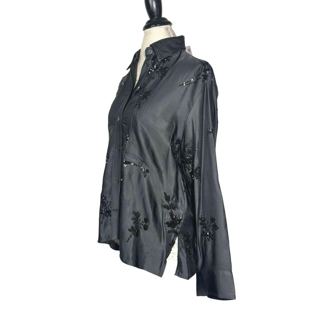 Zara | Women | Emerald Green Satin Floral Sequin LS Button Up Blouse | Small - Picture 4 of 16